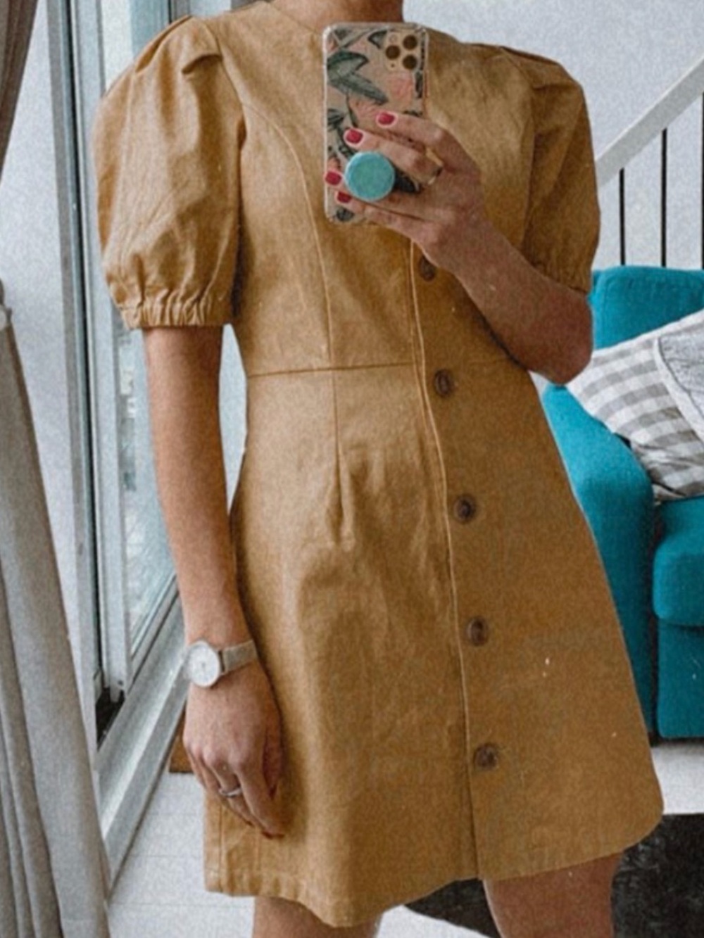 Button-Front Tan Puff Sleeve Mini Dress